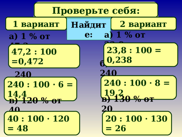 Математический диктант Проверьте себя: 1 вариант 2 вариант Найдите: а) 1 % от 23,8 а) 1 % от 47 , 2 23,8 : 100 = 0,238 47 , 2 : 100 =0,472 б) 8 % от 240 б) 6 % от 240 240 : 100 · 8 = 19,2 240 : 100 · 6 = 14,4 в) 130 % от 20 в) 120 % от 40 40 : 100 · 120 = 48 20 : 100 · 130 = 26 