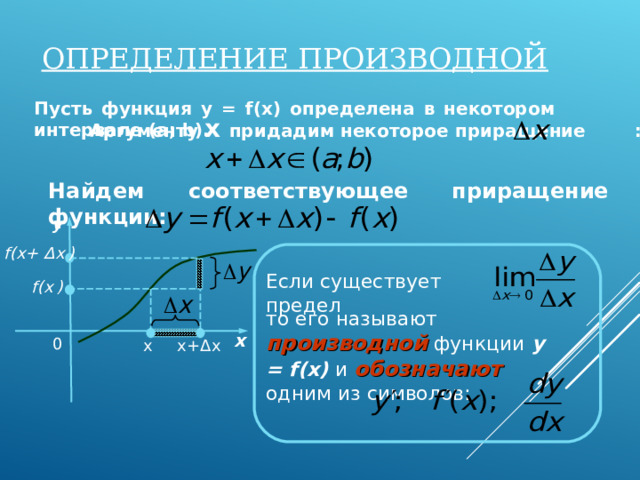 ОПРЕДЕЛЕНИЕ ПРОИЗВОДНОЙ Пусть функция y = f(x) определена в некотором интервале ( a; b) . Аргументу x придадим некоторое приращение : Найдем соответствующее приращение функции: y f(x+ Δ x  ) Если существует предел f(x  ) то его называют производной функции y = f(x)  и обозначают одним из символов: х 0 х x +Δ x 