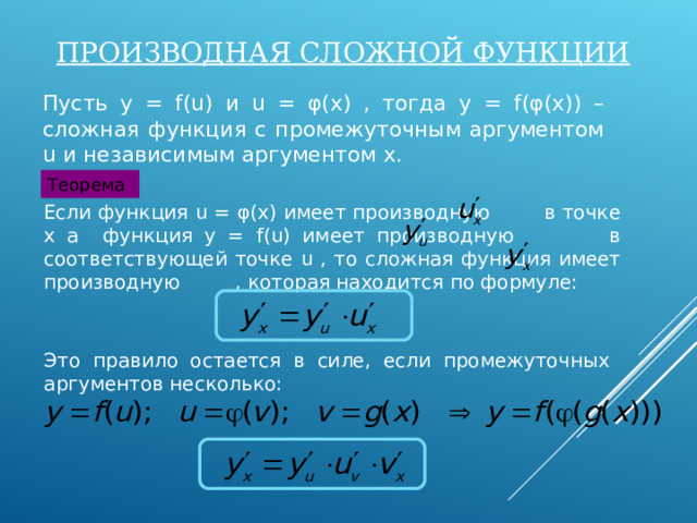 ПРОИЗВОДНАЯ СЛОЖНОЙ ФУНКЦИИ Пусть y = f(u) и u = φ(x) , тогда y = f(φ(x)) – сложная функция с промежуточным аргументом u и независимым аргументом x . Теорема Если функция u = φ(x) имеет производную в точке x а функция y = f(u) имеет производную в соответствующей точке u , то сложная функция имеет производную , которая находится по формуле: Это правило остается в силе, если промежуточных аргументов несколько: 