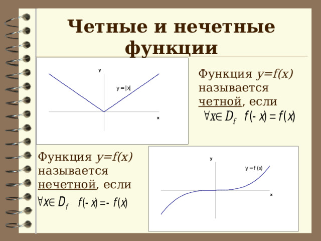 Четные и нечетные функции Функция y=f(x) называется четной , если Функция y=f(x) называется нечетной , если 