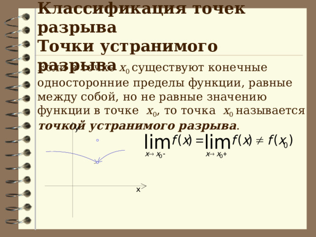 Классификация точек разрыва  Точки устранимого разрыва Если в точке х 0 существуют конечные односторонние пределы функции, равные между собой, но не равные значению функции в точке х 0 , то точка х 0 называется точкой устранимого разрыва . 