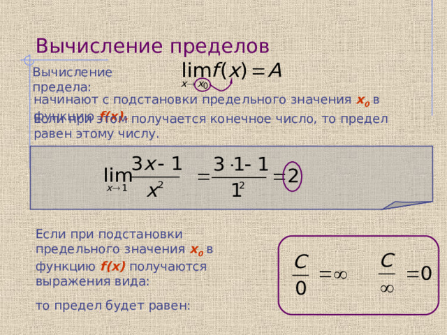 Вычисление пределов Вычисление предела:  начинают с подстановки предельного значения x 0 в функцию f(x) . Если при этом получается конечное число, то предел равен этому числу.   Если при подстановки предельного значения x 0 в функцию f(x)  получаются выражения вида:  то предел будет равен: 