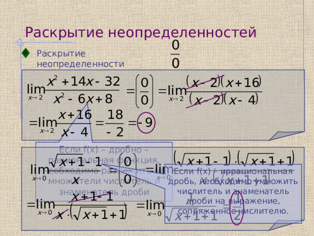 Раскрытие неопределенностей Раскрытие неопределенности     Если f(x) – дробно – рациональная функция, необходимо разложить на множители числитель и знаменатель дроби   Если f(x) – иррациональная дробь, необходимо умножить числитель и знаменатель дроби на выражение, сопряженное числителю.  