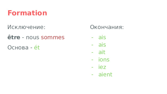 Formation Исключение: Окончания: être - nous sommes ais ais ait ions iez aient Основа - ét 