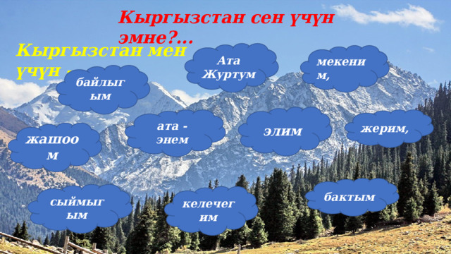 Кыргызстан сен үчүн эмне?... Кыргызстан мен үчүн - Ата Журтум мекеним, байлыгым элим жерим, ата - энем жашоом бактым сыймыгым келечегим 