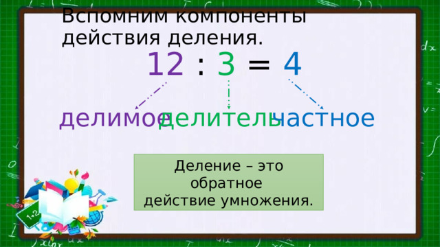Вспомним компоненты действия деления . 12 : 3 = 4 делимое делитель частное Деление – это обратное действие умножения. 