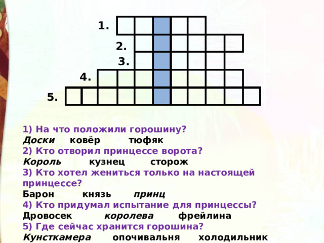 1. 2. 3. 4. 5. 1) На что положили горошину? Доски ковёр тюфяк 2) Кто отворил принцессе ворота? Король кузнец сторож 3) Кто хотел жениться только на настоящей принцессе? Барон князь принц 4) Кто придумал испытание для принцессы? Дровосек королева фрейлина 5) Где сейчас хранится горошина? Кунсткамера опочивальня холодильник 