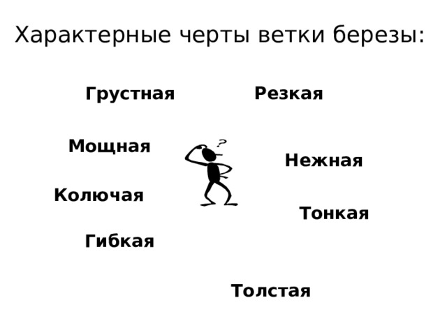 Характерные черты ветки березы: Грустная Резкая Мощная Нежная Колючая Тонкая Гибкая Толстая 