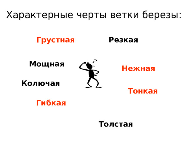 Характерные черты ветки березы: Грустная Резкая Мощная Нежная Колючая Тонкая Гибкая Толстая 