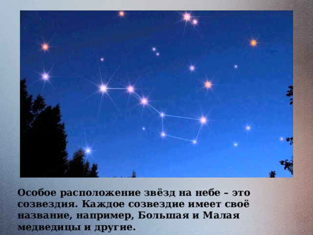 Особое расположение звёзд на небе – это созвездия. Каждое созвездие имеет своё название, например, Большая и Малая медведицы и другие. 