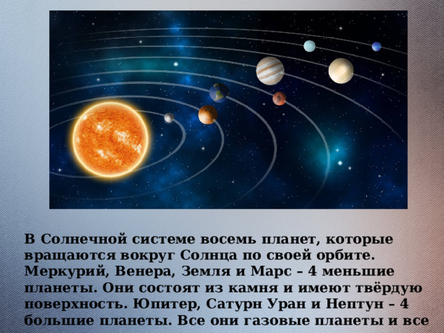 В Солнечной системе восемь планет, которые вращаются вокруг Солнца по своей орбите. Меркурий, Венера, Земля и Марс – 4 меньшие планеты. Они состоят из камня и имеют твёрдую поверхность. Юпитер, Сатурн Уран и Нептун – 4 большие планеты. Все они газовые планеты и все имеют кольца. 