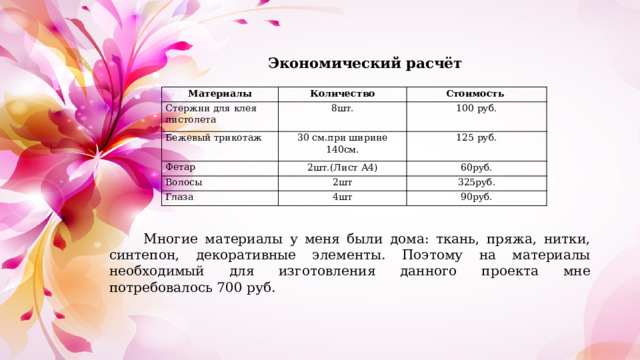  Экономический расчёт   Материалы Количество Стержни для клея пистолета Стоимость 8шт. Бежевый трикотаж 30 см.при ширине 140см. Фетар 100 руб. 125 руб. 2шт.(Лист А4) Волосы 2шт 60руб. Глаза 325руб. 4шт 90руб.  Многие материалы у меня были дома: ткань, пряжа, нитки, синтепон, декоративные элементы. Поэтому на материалы необходимый для изготовления данного проекта мне потребовалось 700 руб. 