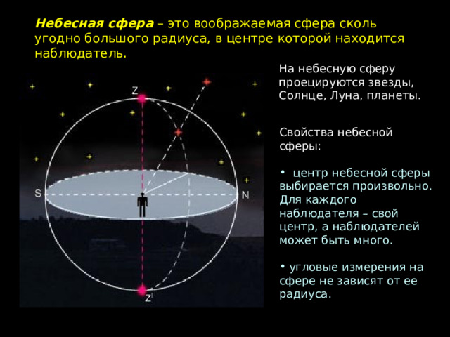 Небесная сфера – это воображаемая сфера сколь угодно большого радиуса, в центре которой находится наблюдатель. На небесную сферу проецируются звезды, Солнце, Луна, планеты. Свойства небесной сферы:  центр небесной сферы выбирается произвольно. Для каждого наблюдателя – свой центр, а наблюдателей может быть много.  угловые измерения на сфере не зависят от ее радиуса. 