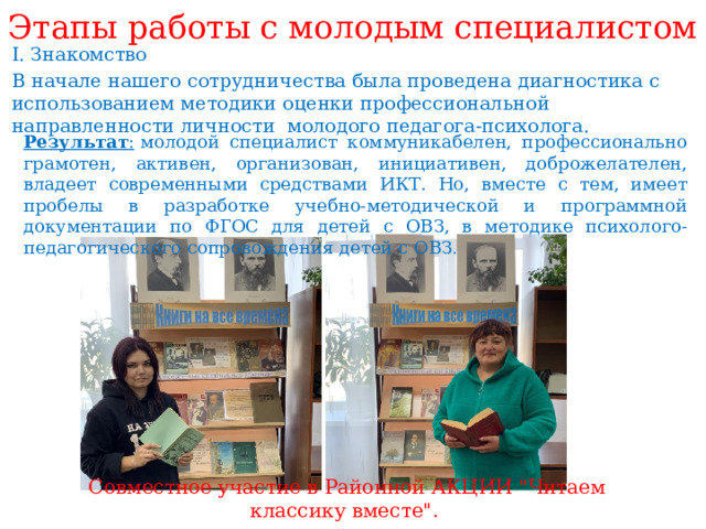 Этапы работы с молодым специалистом   I. Знакомство В начале нашего сотрудничества была проведена диагностика с использованием методики оценки профессиональной направленности личности молодого педагога-психолога. Результат :  молодой специалист коммуникабелен, профессионально грамотен, активен, организован, инициативен, доброжелателен, владеет современными средствами ИКТ. Но, вместе с тем, имеет пробелы в разработке учебно-методической и программной документации по ФГОС для детей с ОВЗ, в методике психолого-педагогического сопровождения детей с ОВЗ. Совместное участие в Районной АКЦИИ 