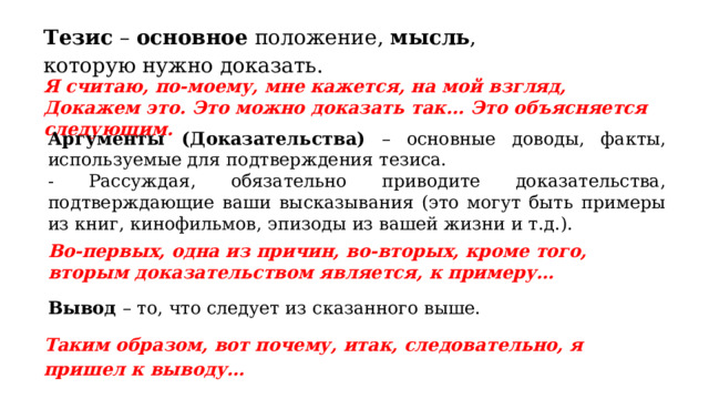 Тезис – основное положение, мысль , которую нужно доказать. Я считаю, по-моему, мне кажется, на мой взгляд, Докажем это. Это можно доказать так... Это объясняется следующим. Аргументы (Доказательства) – основные доводы, факты, используемые для подтверждения тезиса. - Рассуждая, обязательно приводите доказательства, подтверждающие ваши высказывания (это могут быть примеры из книг, кинофильмов, эпизоды из вашей жизни и т.д.). Во-первых, одна из причин, во-вторых, кроме того, вторым доказательством является, к примеру… Вывод – то, что следует из сказанного выше. Таким образом, вот почему, итак, следовательно, я пришел к выводу… 