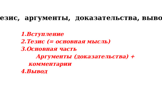 Тезис, аргументы, доказательства, вывод Вступление Тезис (= основная мысль) Основная часть  Аргументы (доказательства) + комментарии Вывод 