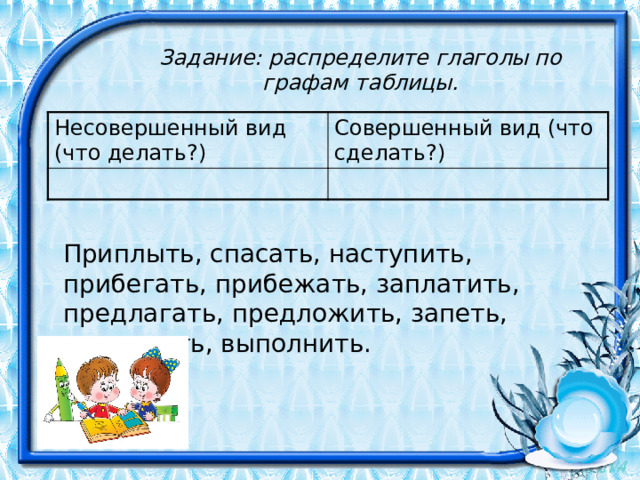 Задание: распределите глаголы по графам таблицы. Несовершенный вид (что делать?) Совершенный вид (что сделать?)  Приплыть, спасать, наступить, прибегать, прибежать, заплатить, предлагать, предложить, запеть, выполнять, выполнить. 