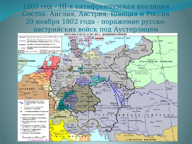 1805 год – III-я антифранцузская коалиция  Состав: Англия, Австрия, Швеция и Россия  20 ноября 1802 года - поражение русско-австрийских войск под Аустерлицем 