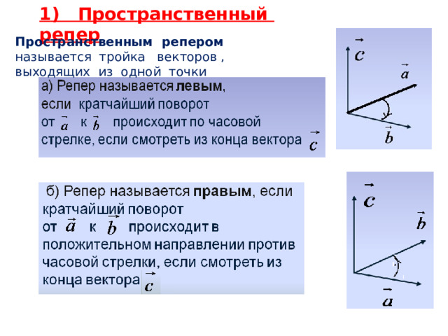 1) Пространственный репер Пространственным репером называется тройка векторов , выходящих из одной точки 