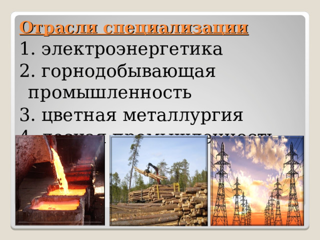 Отрасли специализации  1. электроэнергетика 2. горнодобывающая промышленность 3. цветная металлургия 4. лесная промышленность 