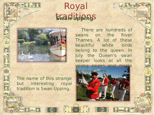 Royal traditions Swan upping There are hundreds of swans on the River Thames. A lot of these beautiful white birds belong to the queen. In July the Queen’s swan keeper looks at all the young swans and marks the royal ones. The name of this strange but interesting royal tradition is Swan Upping. 