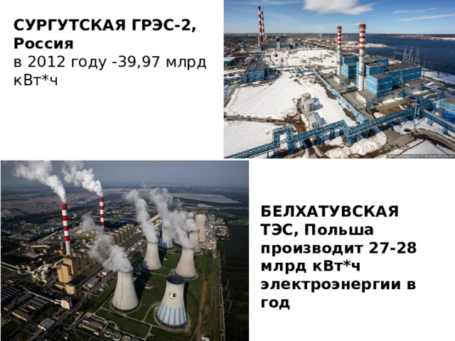 СУРГУТСКАЯ ГРЭС-2, Россия в 2012 году -39,97 млрд кВт*ч БЕЛХАТУВСКАЯ ТЭС, Польша производит 27-28 млрд кВт*ч электроэнергии в год 