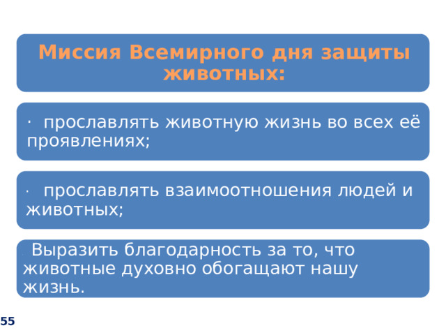 Миссия Всемирного дня защиты животных: ·  прославлять животную жизнь во всех её проявлениях; ·     прославлять взаимоотношения людей и животных; ·    Выразить благодарность за то, что животные духовно обогащают нашу жизнь. 55 