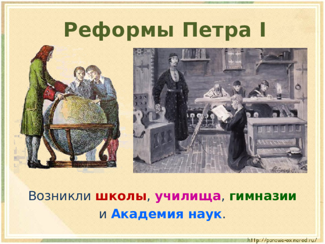 Реформы Петра I Возникли школы , училища , гимназии и Академия наук . 