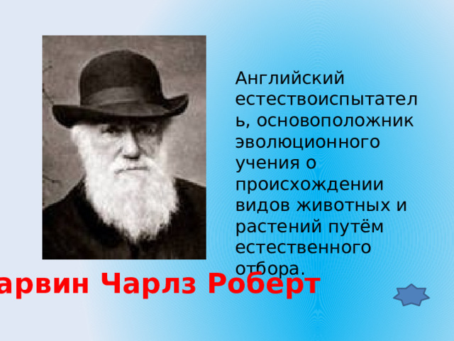 Английский естествоиспытатель, основоположник эволюционного учения о происхождении видов животных и растений путём естественного отбора. Дарвин Чарлз Роберт 