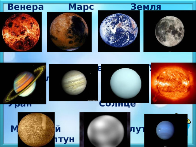 Венера Марс Земля Луна    Сатурн Юпитер Уран Солнце  Уран Солнце   Меркурий Плутон Нептун 