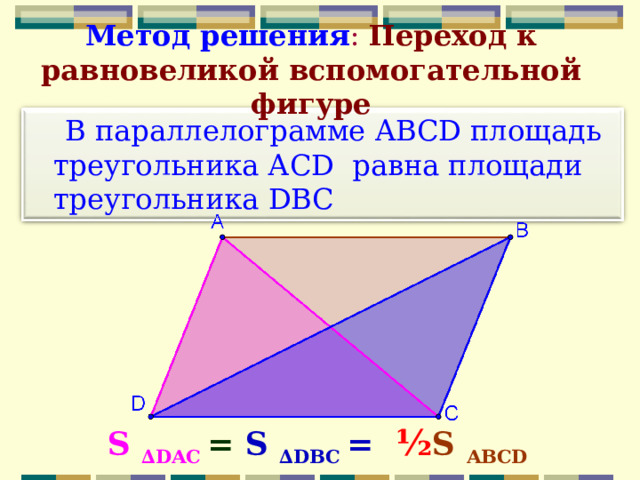 Метод решения : Переход к равновеликой вспомогательной фигуре  В параллелограмме ABCD площадь треугольника АС D равна площади треугольника DB С S ∆DAC = S ∆D В C = ½ S ABCD 