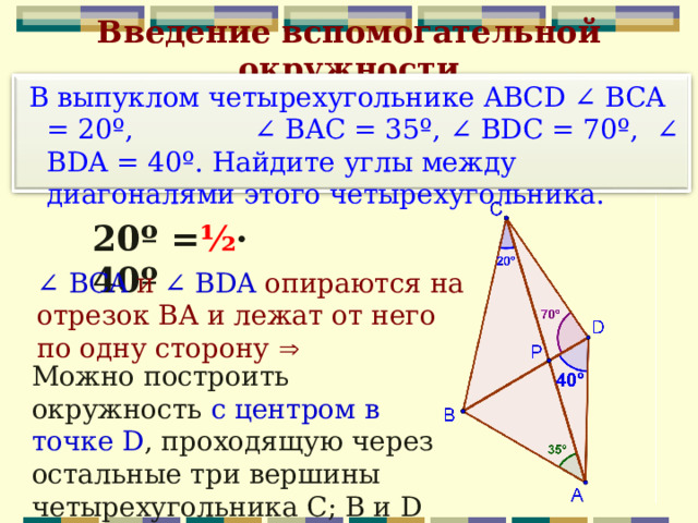 Введение вспомогательной окружности  В выпуклом четырехугольнике ABCD ∠ BCA = 20º, ∠ BAC = 35º, ∠ BDС = 70º,  ∠ BDA = 40º. Найдите углы между диагоналями этого четырехугольника. 20º = ½ · 40º ∠ BCA и ∠ B D A опираются на отрезок ВА и лежат от него по одну сторону  Можно построить окружность с  центром в точке D , проходящую через остальные три вершины четырехугольника С; В и D 