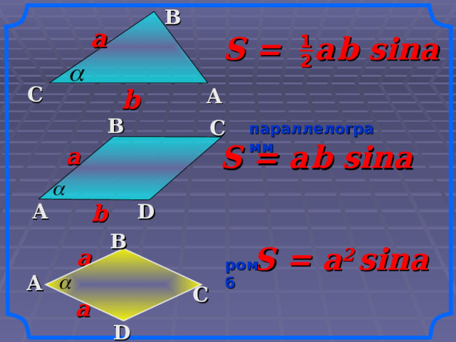  B a S =  a  b sina 1 2 C b A  B C параллелограмм S = a  b sina a b D A  B S = a 2   sina a ромб A C a D 