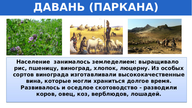 ДАВАНЬ (ПАРКАНА)   Население занималось земледелием: выращивало рис, пшеницу, виноград, хлопок, люцерну. Из особых сортов винограда изготавливали высококачественные вина, которые могли храниться долгое время. Развивалось и оседлое скотоводство - разводили коров, овец, коз, верблюдов, лошадей. 