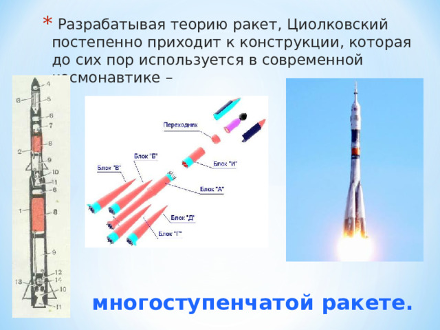  Разрабатывая теорию ракет, Циолковский постепенно приходит к конструкции, которая до сих пор используется в современной космонавтике –   многоступенчатой ракете. 