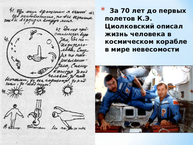  За 70 лет до первых полетов К.Э. Циолковский описал жизнь человека в космическом корабле в мире невесомости 