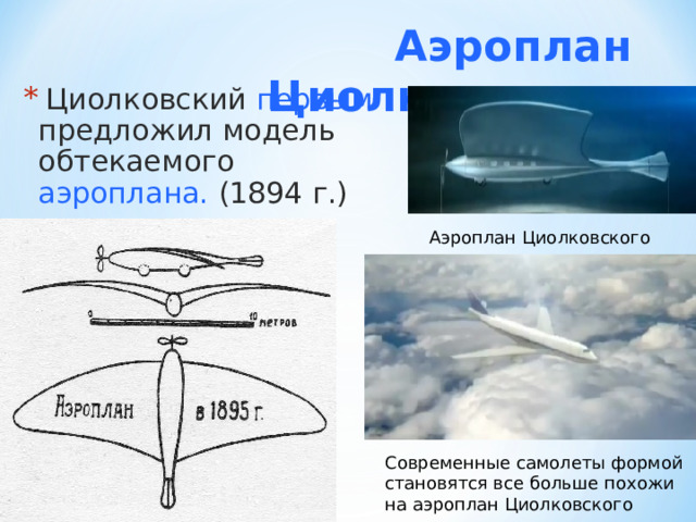 Аэроплан Циолковского  Циолковский  первым  предложил модель обтекаемого  аэроплана. (1894 г.) Аэроплан Циолковского Современные самолеты формой становятся все больше похожи на аэроплан Циолковского 