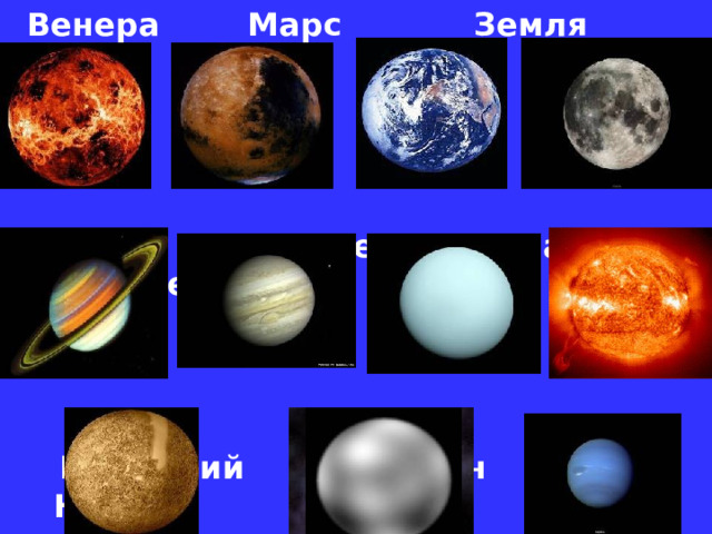 Венера Марс Земля Луна   Сатурн  Юпитер Уран Солнце     Меркурий Плутон Нептун  