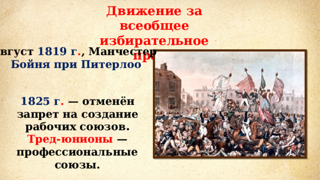 Движение за всеобщее избирательное право Август 1819 г . , Манчестер Бойня при Питерлоо 1825 г . — отменён запрет на создание рабочих союзов . Тред-юнионы — профессиональные союзы. 