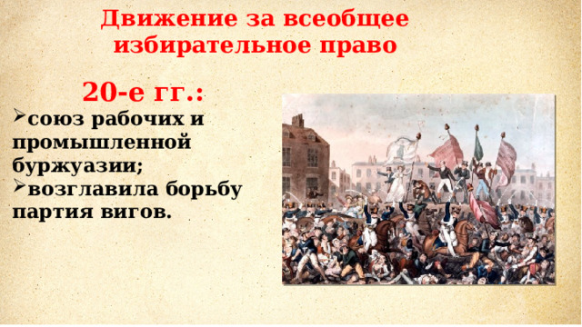 Движение за всеобщее избирательное право 20-е гг.: союз рабочих и промышленной буржуазии; возглавила борьбу партия вигов. 