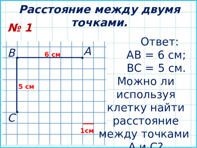 Расстояние между двумя точками. № 1  Ответ:  АВ = 6 см;  ВС = 5 см. Можно ли используя клетку найти расстояние между точками А и С? А В 6 см • • 5 см • С 1см 