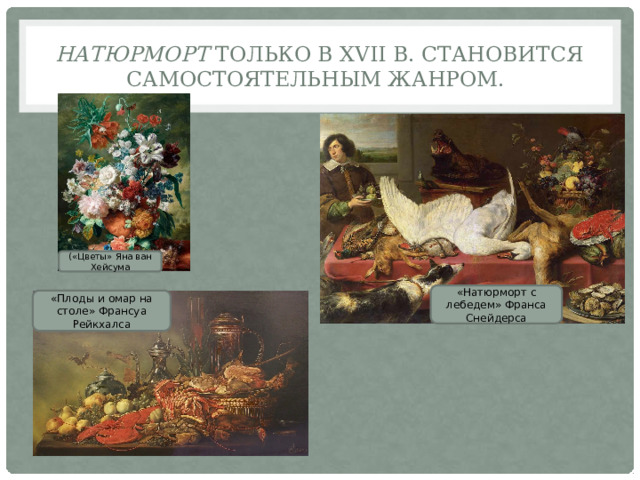 Натюрморт только в XVII в. становится самостоятельным жанром. («Цветы» Яна ван Хейсума «Натюрморт с лебедем» Франса Снейдерса «Плоды и омар на столе» Франсуа Рейкхалса 