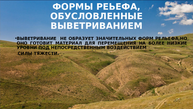 ФОРМЫ РЕЬЕФА, ОБУСЛОВЛЕННЫЕ ВЫВЕТРИВАНИЕМ ВЫВЕТРИВАНИЕ НЕ ОБРАЗУЕТ ЗНАЧИТЕЛЬНЫХ ФОРМ РЕЛЬЕФА,НО ОНО ГОТОВИТ МАТЕРИАЛ ДЛЯ ПЕРЕМЕЩЕНИЯ НА БОЛЕЕ НИЗКИЕ УРОВНИ ПОД НЕПОСРЕДСТВЕННЫМ ВОЗДЕЙСТВИЕМ  СИЛЫ ТЯЖЕСТИ. 