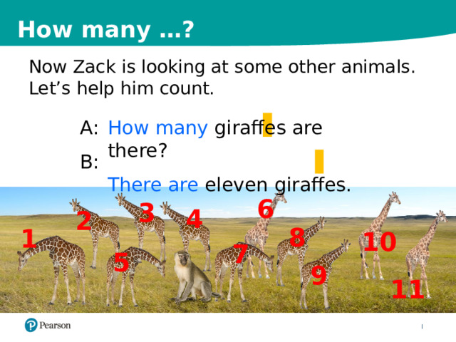 How many …? Now Zack is looking at some other animals. Let’s help him count. How many giraffes are there? A: There are eleven giraffes. B: 6 3 4 2 8 1 10 7 5 9 11 7 