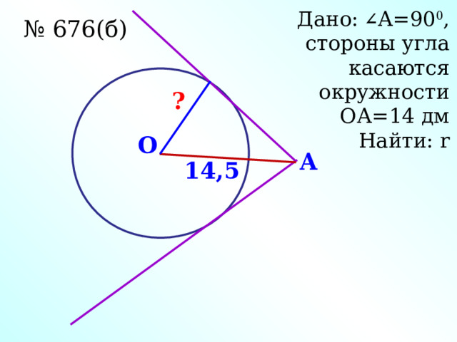 Дано: ∠ А=90 0 , стороны угла касаются окружности ОА = 14  дм Найти: r № 676(б) ? О A 14,5 