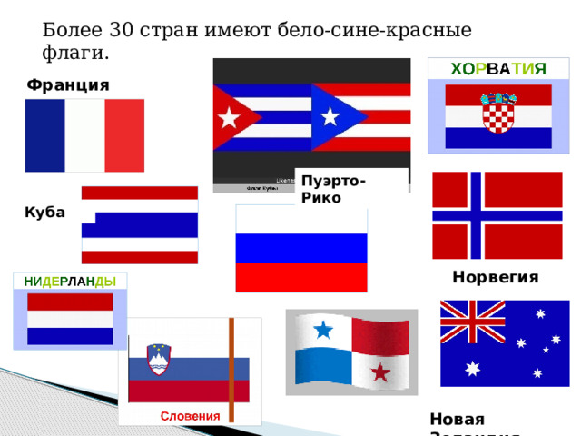 Более 30 стран имеют бело-сине-красные флаги. Франция Пуэрто-Рико Куба Норвегия Новая Зеландия 