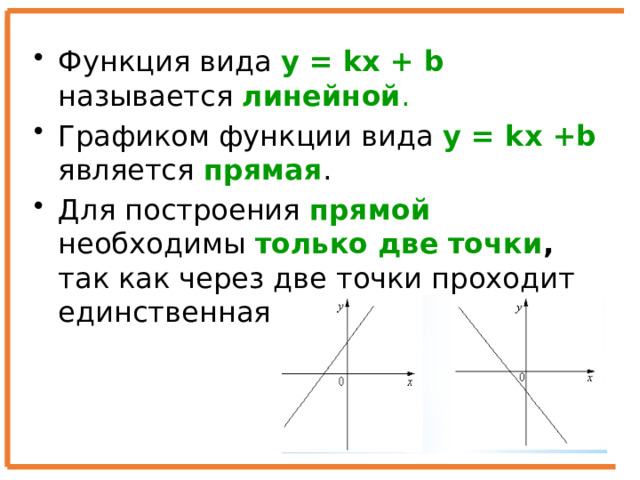 Функция вида у = kx + b называется линейной . Графиком функции вида у = kx +b является прямая . Для построения прямой необходимы только две  точки , так как через две точки проходит единственная прямая. 
