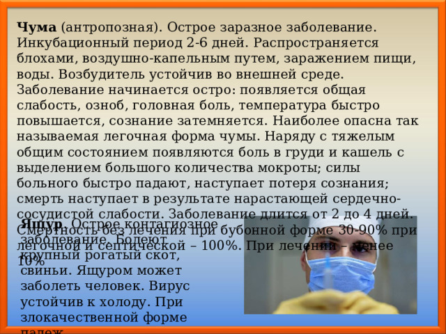 Чума (антропозная). Острое заразное заболевание. Инкубационный пери­од 2-6 дней. Распространяется блохами, воздушно-капельным путем, заражением пищи, воды. Возбудитель устойчив во внешней среде. Заболевание начинается остро: появляется общая слабость, озноб, головная боль, температура быстро повышается, сознание затемняется. Наиболее опасна так называемая легочная форма чумы. Наряду с тяжелым общим состоянием появляются боль в груди и кашель с выделением большого количества мокроты; силы больного быстро падают, наступает потеря сознания; смерть наступает в результате нарастающей сердечно-сосудистой слабости. Заболевание длится от 2 до 4 дней. Смертность без лечения при бубонной форме 30-90% при легочной и септической – 100%. При лечении – менее 10% Ящур . Острое контагиозное заболевание. Болеют крупный рогатый скот, свиньи. Ящуром может заболеть человек. Вирус устойчив к холоду. При злокачественной форме падеж 