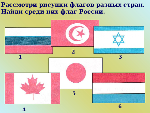 Рассмотри рисунки флагов разных стран. Найди среди них флаг России. 2 1 3 5 6 4 
