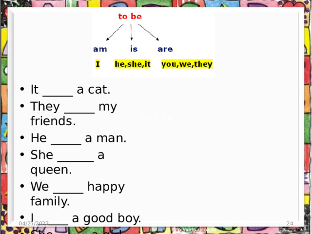 It _____ a cat. They _____ my friends. He _____ a man. She ______ a queen. We _____ happy family. I _____ a good boy. She _____ a girl. 04/25/2022  
